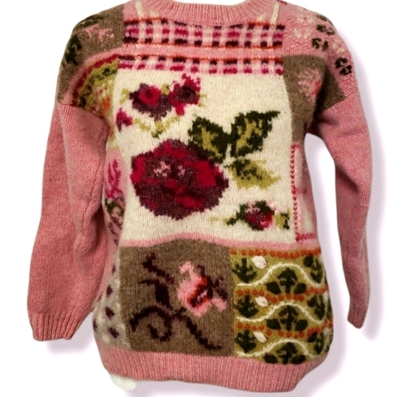 Vintage Studio Shetland Wool Sweater Cottagecore Dropped Shoulder Pink & Green S - Picture 1 of 14